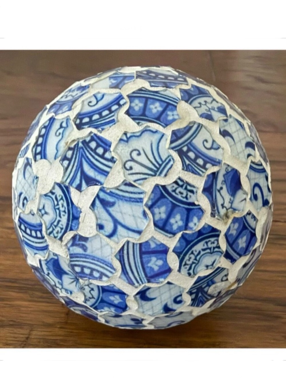 Vintage Blue and White Ceramic Mosaic Decorative Small Orb Ball Coastal Cottage